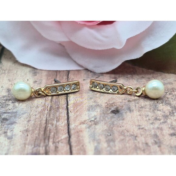 Lot of 2 Dainty Earrings MONET Cream Stud Flowers & Oman Drop Pearl & Rhinestone - Picture 6 of 10